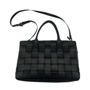 Genuine Leather Black Woven Tote Bag with Double Handles & Crossbody Strap